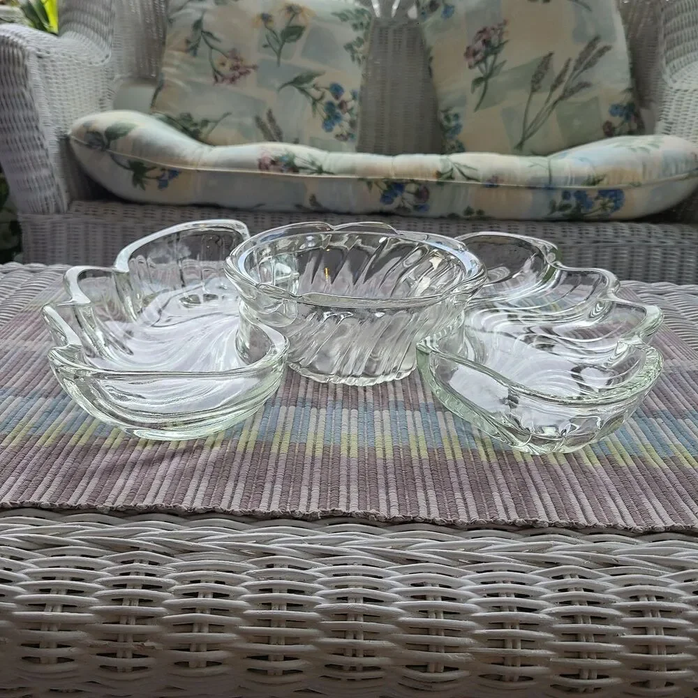 Vintage 1960s Kromex Holiday Giftware Crystal Dual Shell Dishes & Bowl Glass Set